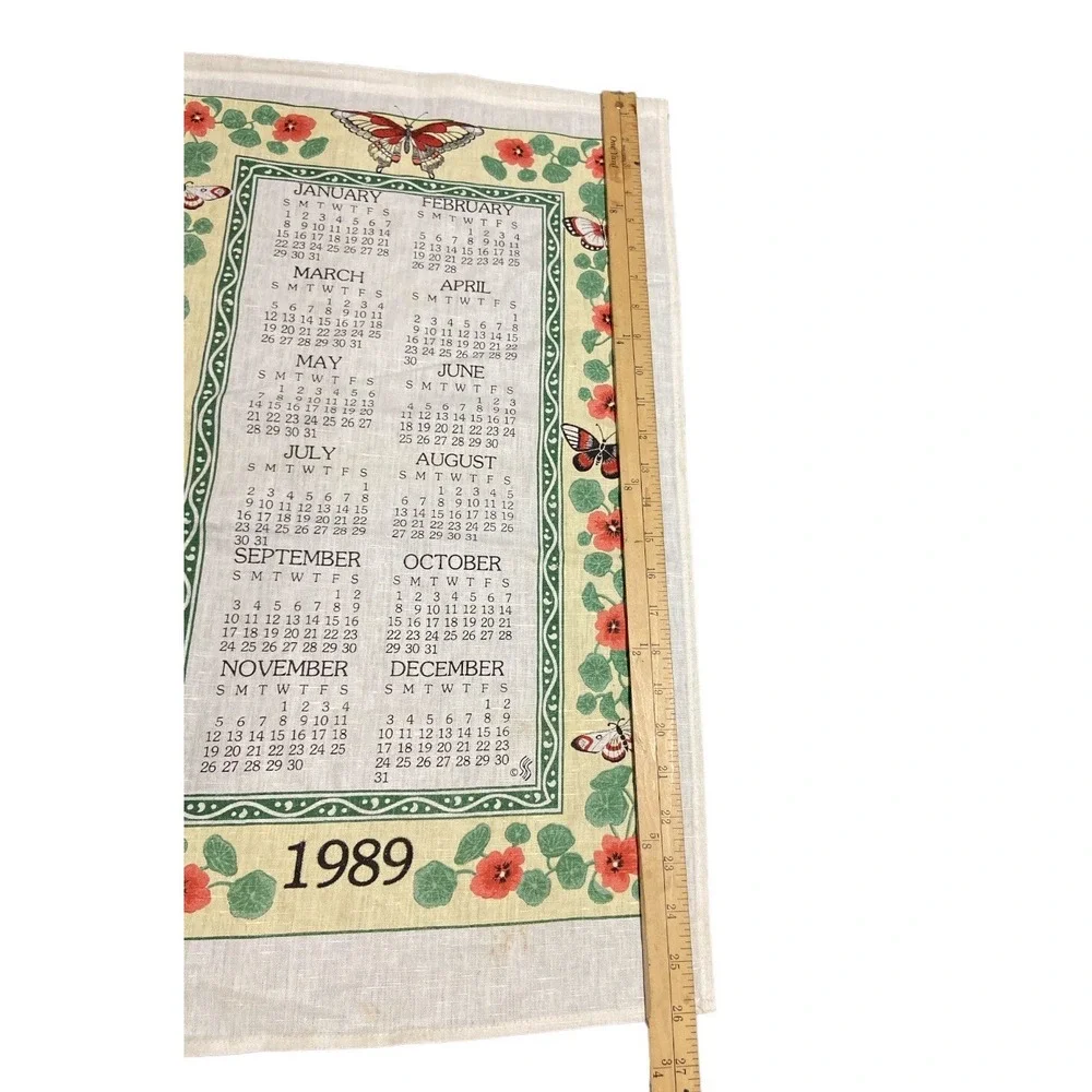 Vintage 1989 Calendar Tea Towel Linen Red Floral Butterfly Cottagecore Retro USA